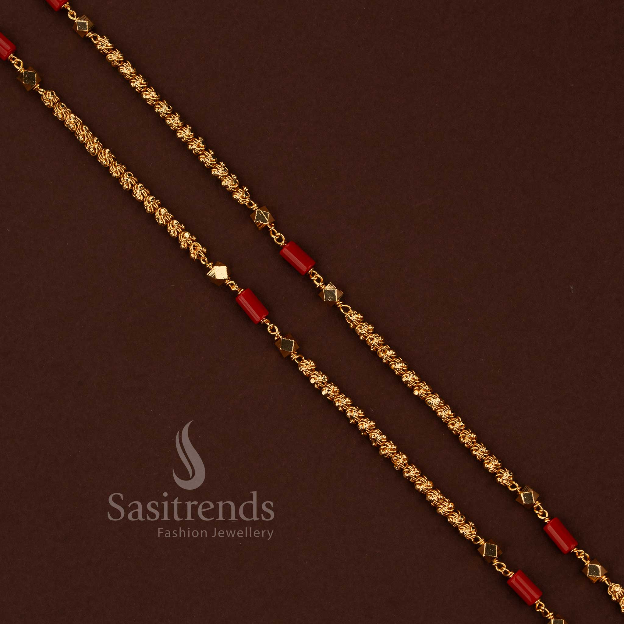 One-gram inspired micro gold plated Dasavatharm Thennampoo rope chain with coral beads & golden balls - Sasitrends