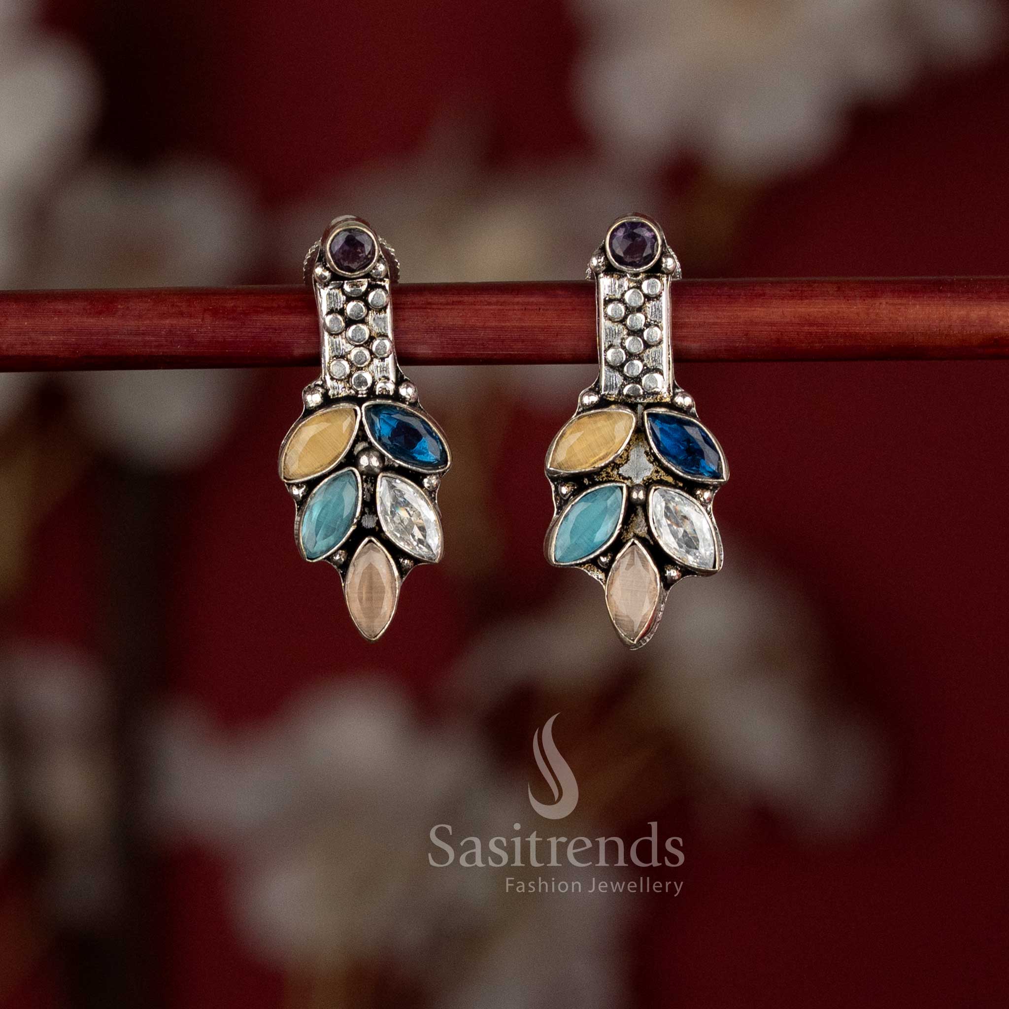 Oxidised silver marquise leaf cluster stone earrings for office, brunch, and evening walks – Sasitrends