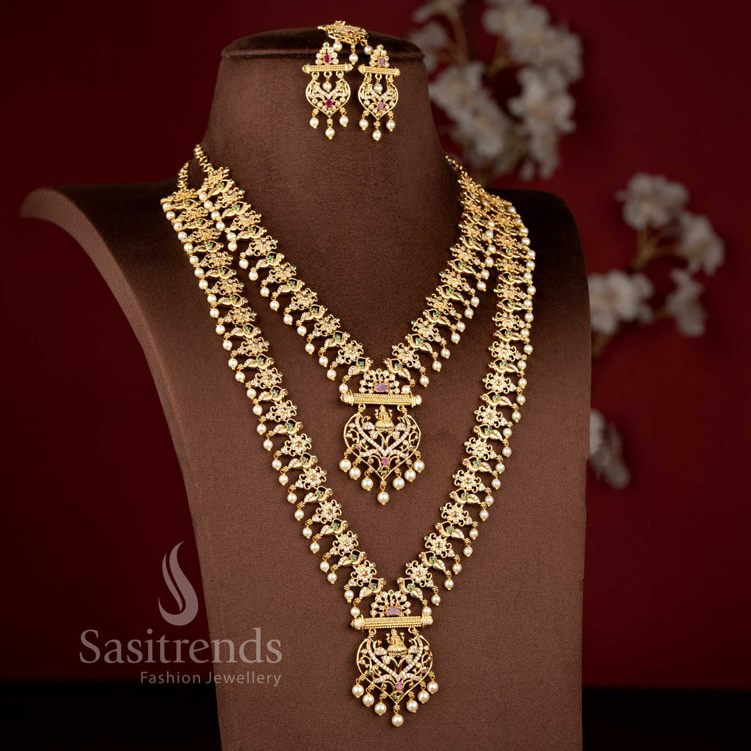 Temple matte gold Lakshmi peacock design short and long necklace jewellery set with multi American diamond stones – Sasitrends