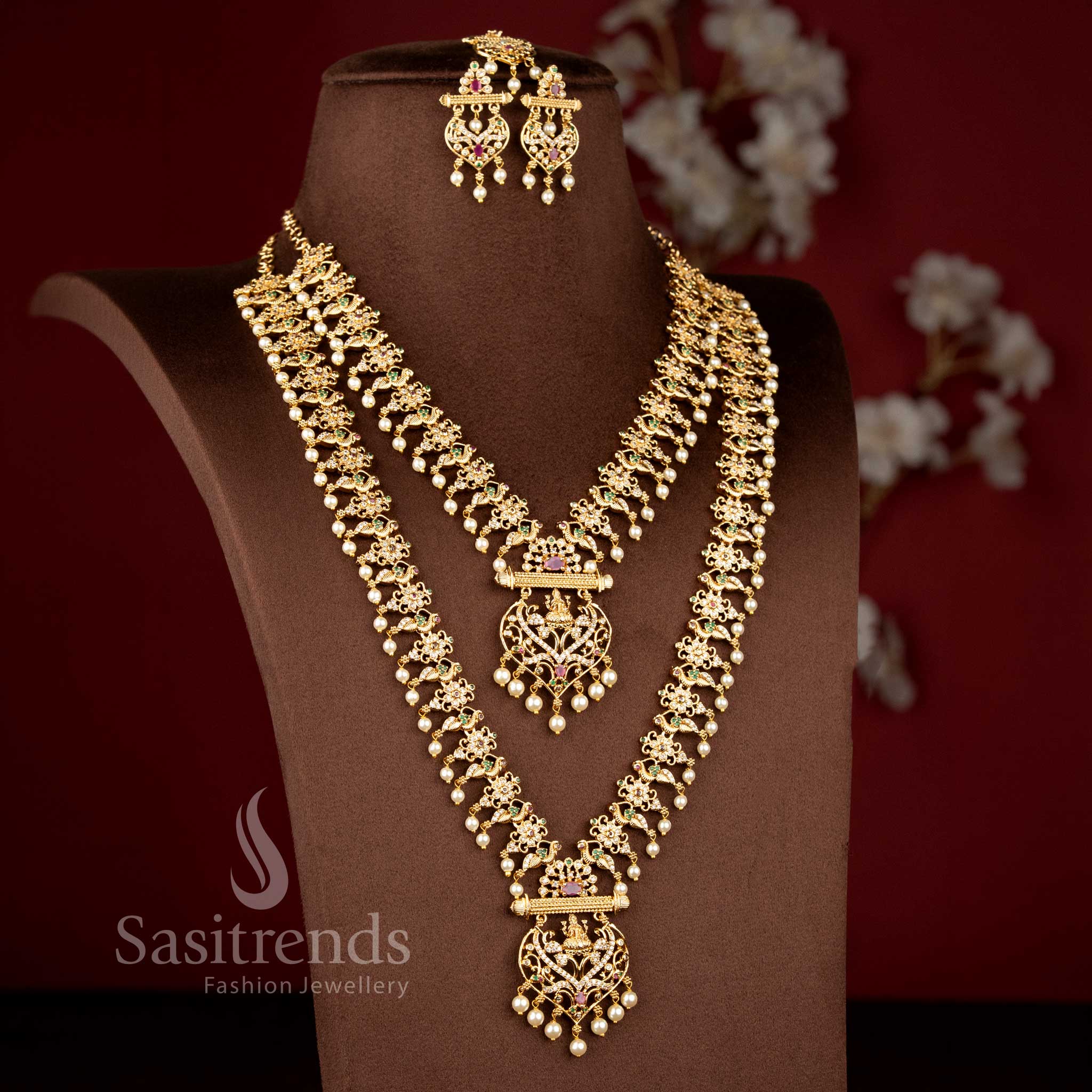 Temple matte gold Lakshmi peacock design short and long necklace jewellery set with multi American diamond stones – Sasitrends