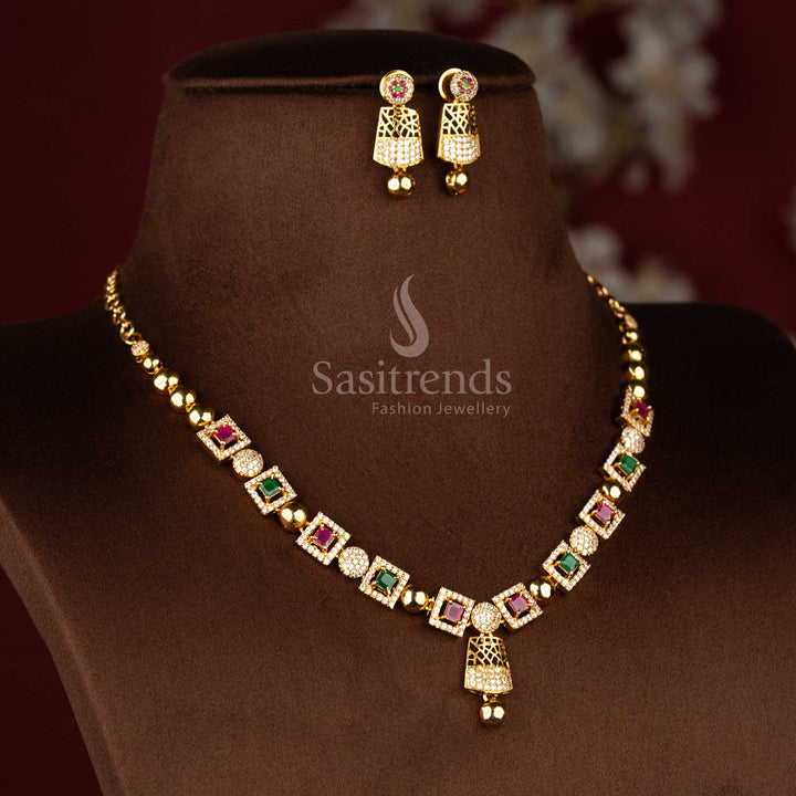 Modern matte gold plated necklace jewellery set featuring geometric square motif and multi colour festive stone styling – Sasitrends
