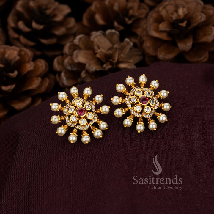 Matte gold plated round floral stud earrings for weddings