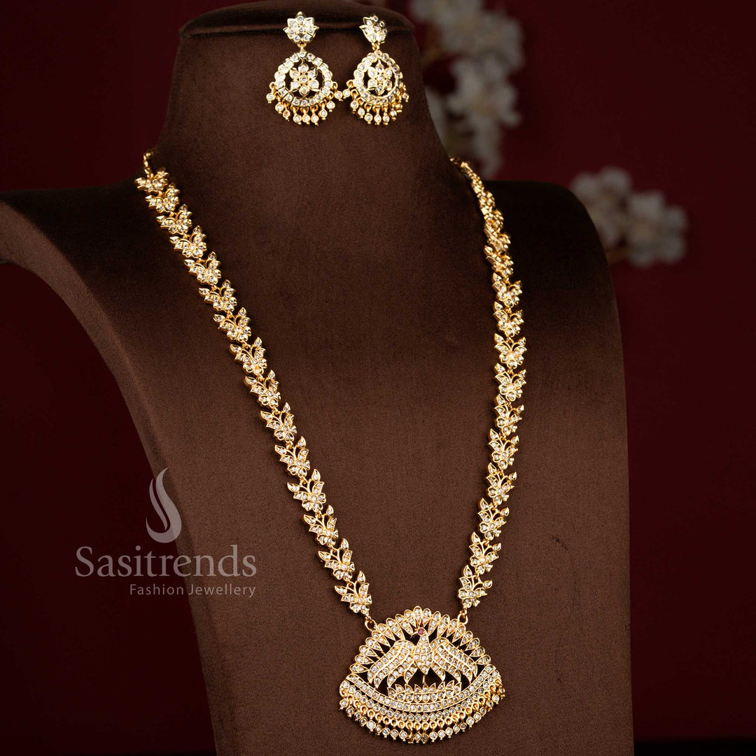 Majestic micro gold plated crescent Garuda long haram necklace set in white tone suited for bridal attire and cultural functions – Sasitrends