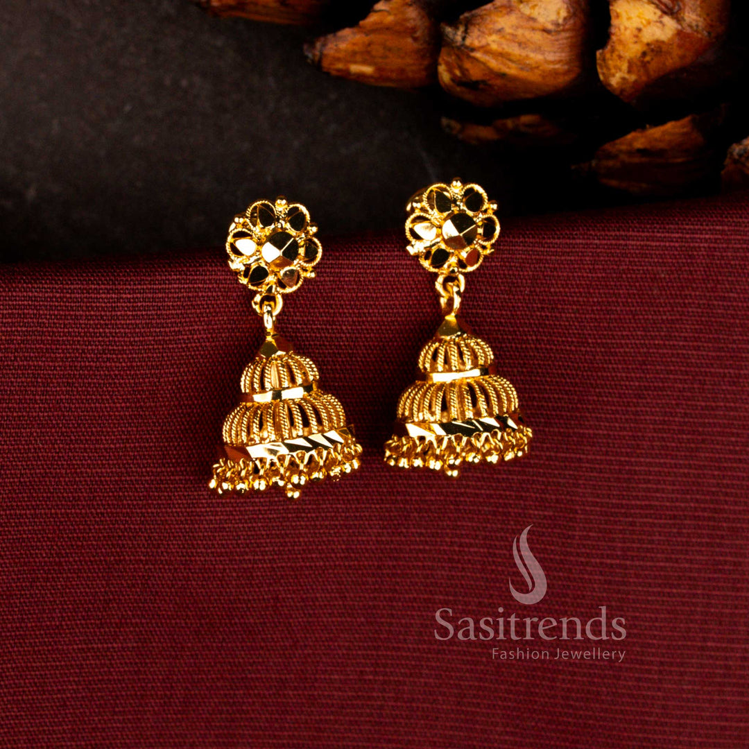 Guaranteed micro gold plated floral double-step cage jhumka earrings - Sasitrends