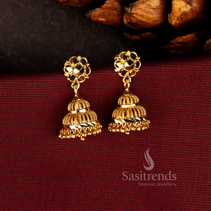 Auspicious Micro Gold Plated Floral Double-Step Cage Jhumka Earrings with Temple Gold ghungroos - Guaranteed