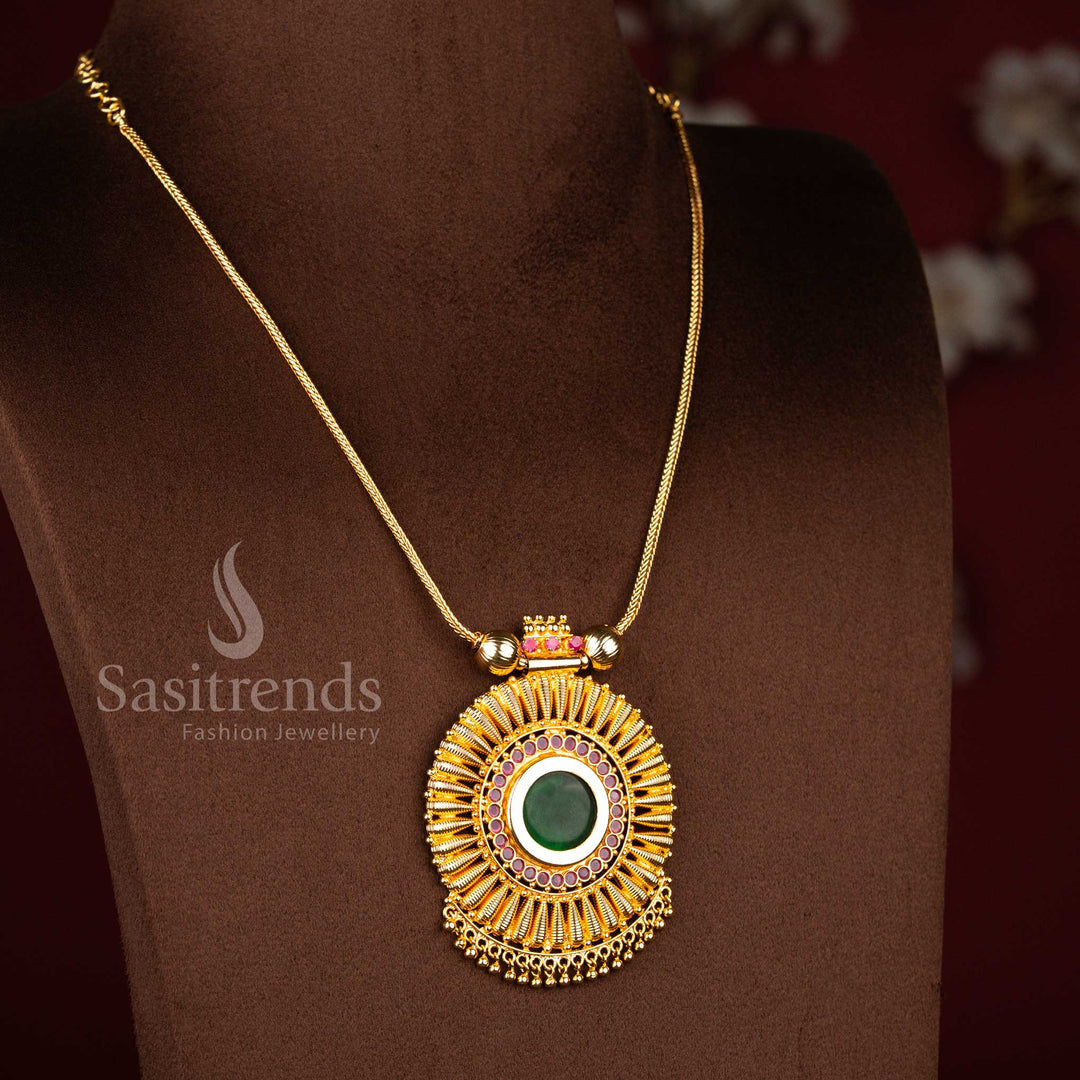 Traditional heritage micro gold plated green Palakka chakra pendant featuring golden balls hanging for temple visits and festive saree styling – Sasitrends