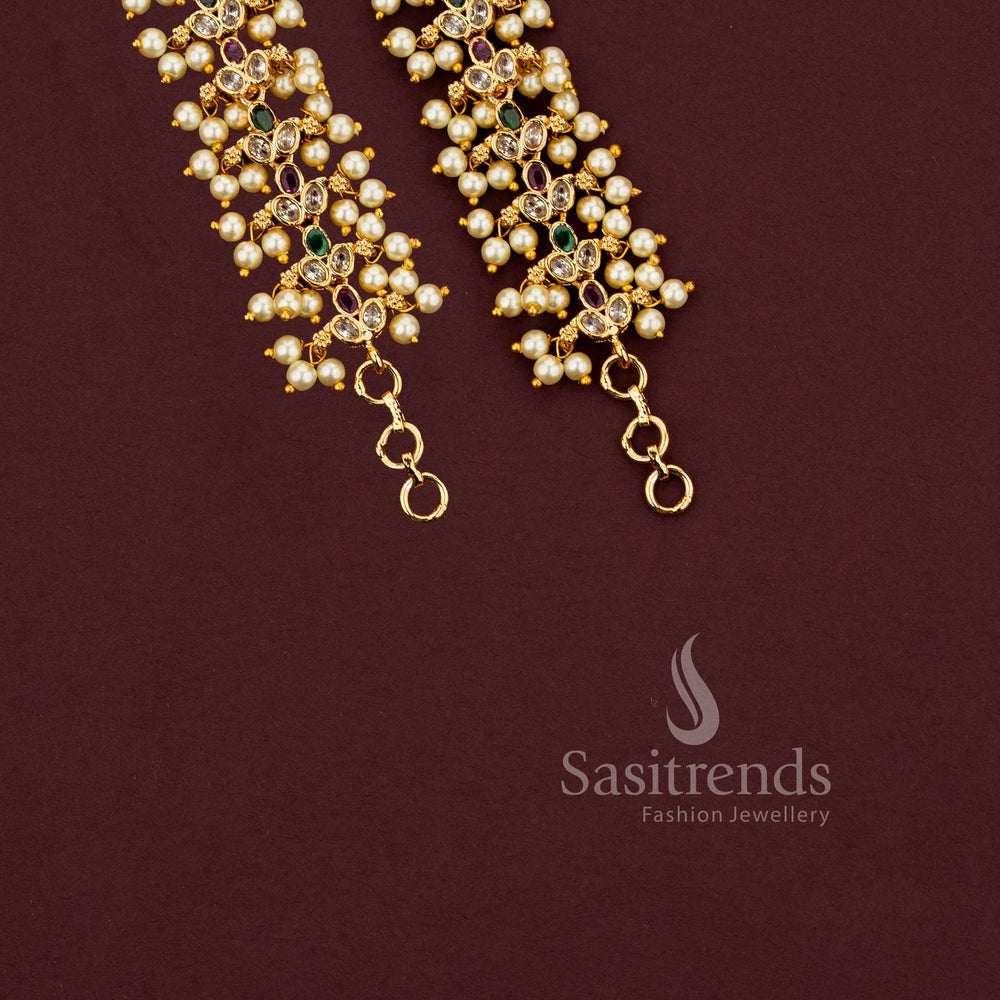 Traditional bridal ear chain with multi stones, AD stones and pearl drops in micro gold finish - Sasitrends