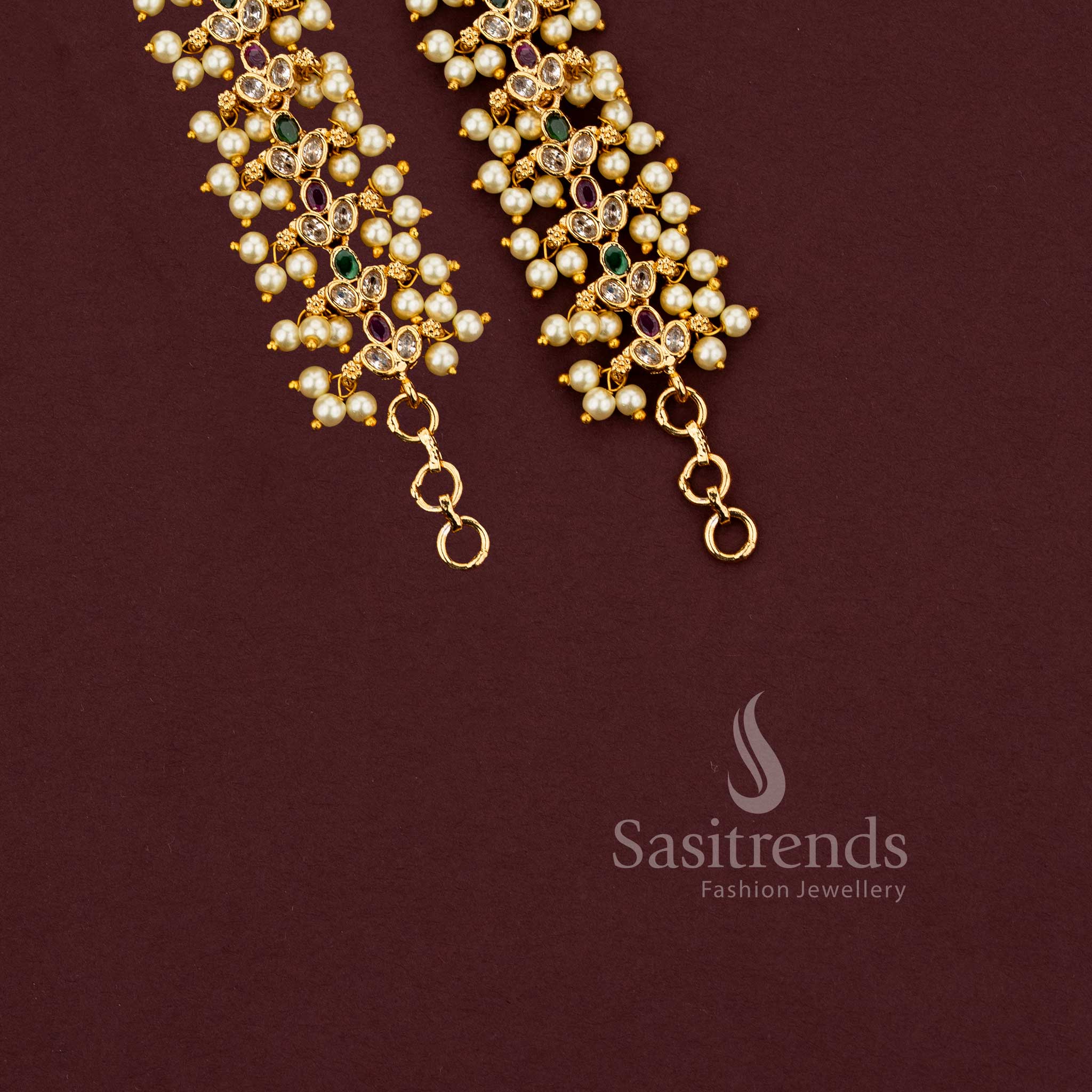Traditional bridal ear chain with multi stones, AD stones and pearl drops in micro gold finish - Sasitrends