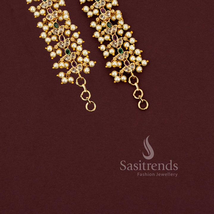 Traditional bridal ear chain with multi stones, AD stones and pearl drops in micro gold finish - Sasitrends