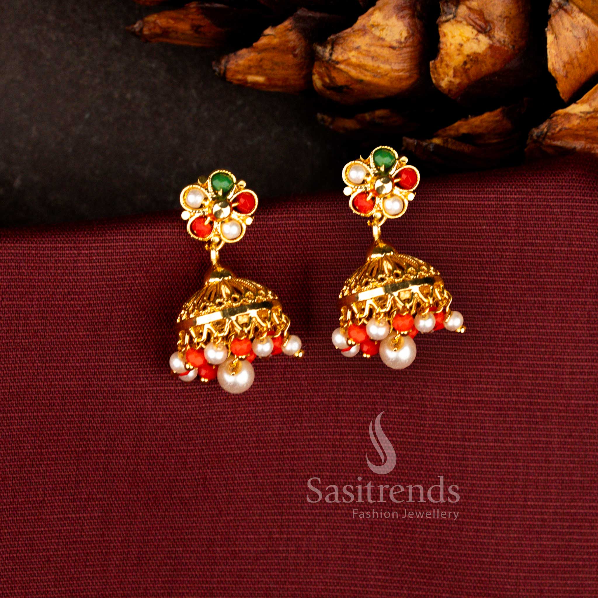 Imperial guaranteed micro gold plated earrings in pearl-pavalam featuring ornate filigree flower design and decorative fringe dome pearl drops – Sasitrends