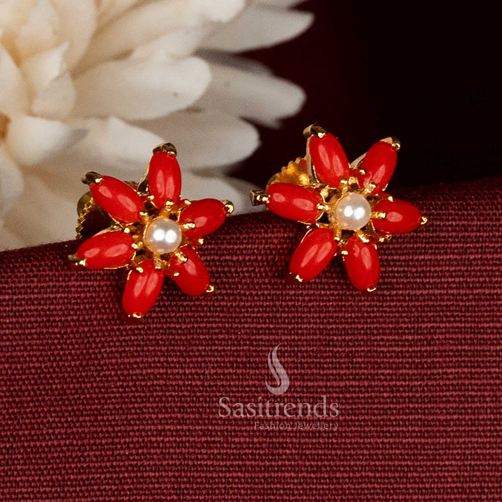 Beautiful Micro Gold Plated Six-Petal Flower Pearl & Pavalam Stud Earrings for Authentic South Indian Looks  | One Gram Jewellery