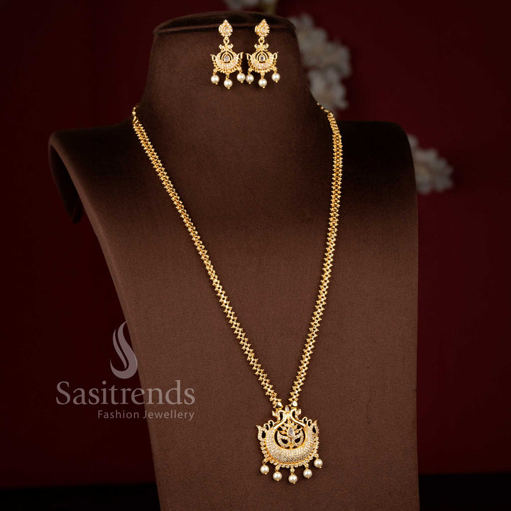 Elegant Micro Gold Plated 2-Side Gajiri Chain Floral Peacock Pendant Long Necklace Set with Matching Earrings – One Gram Jewellery | Guaranteed