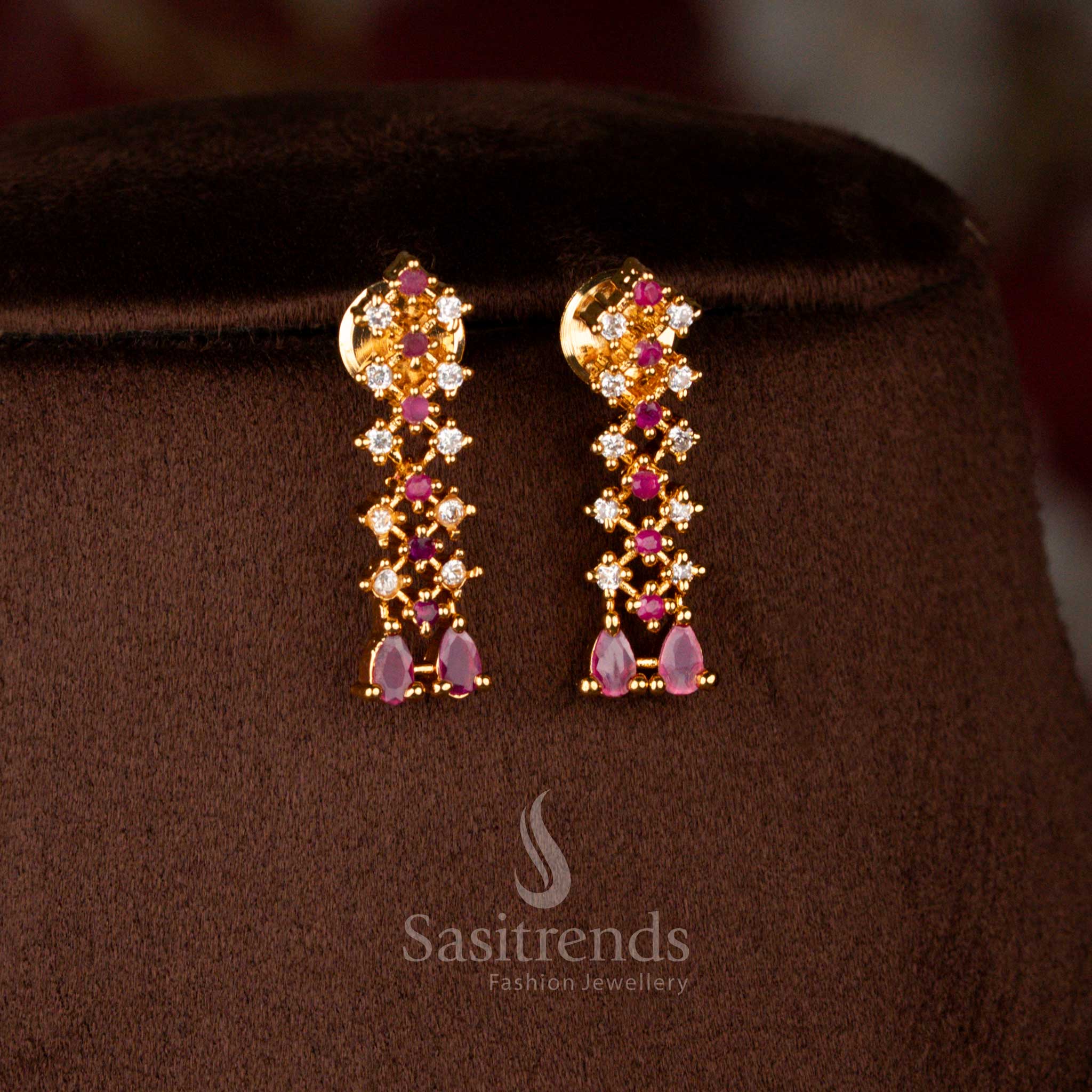 Charming micro gold plated AD floral drop earrings in white-ruby tones, matching necklace – Sasitrends