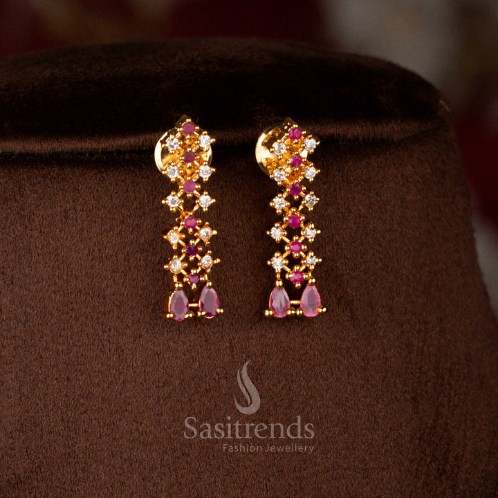 Charming micro gold plated AD floral drop earrings in white-ruby tones, matching necklace – Sasitrends
