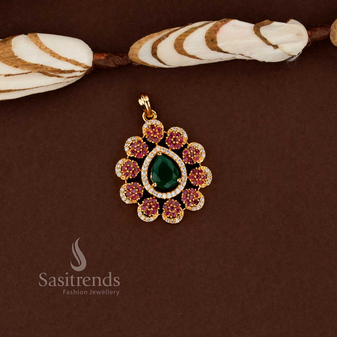 Guaranteed one gram micro gold plated AD pear cut rosette cluster pendant - sasitrends