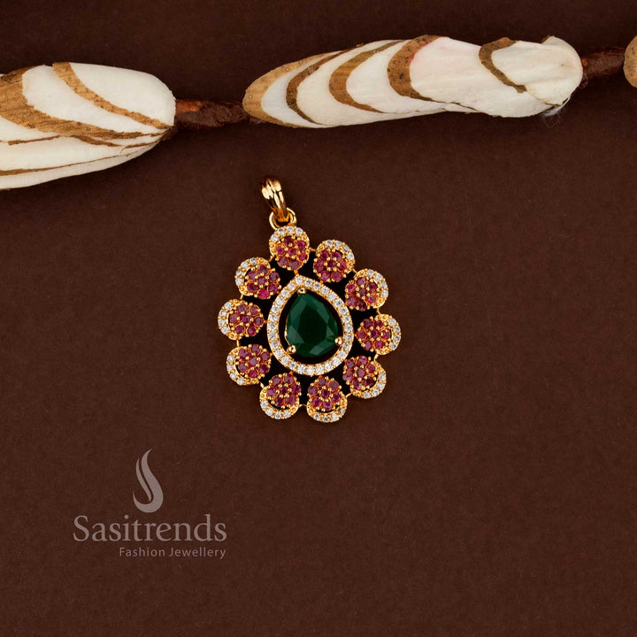 One Gram Micro Gold Plated AD Pear-Cut Rosette Cluster Pendant for Festive Wear, Office Styling & Cultural Occasions