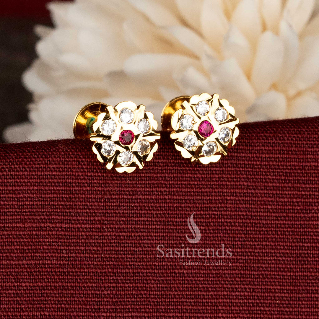 Charming Impon micro gold white ruby dual glow floral circle structure screw back AD stone stud earrings for stylish occasions – Sasitrends
