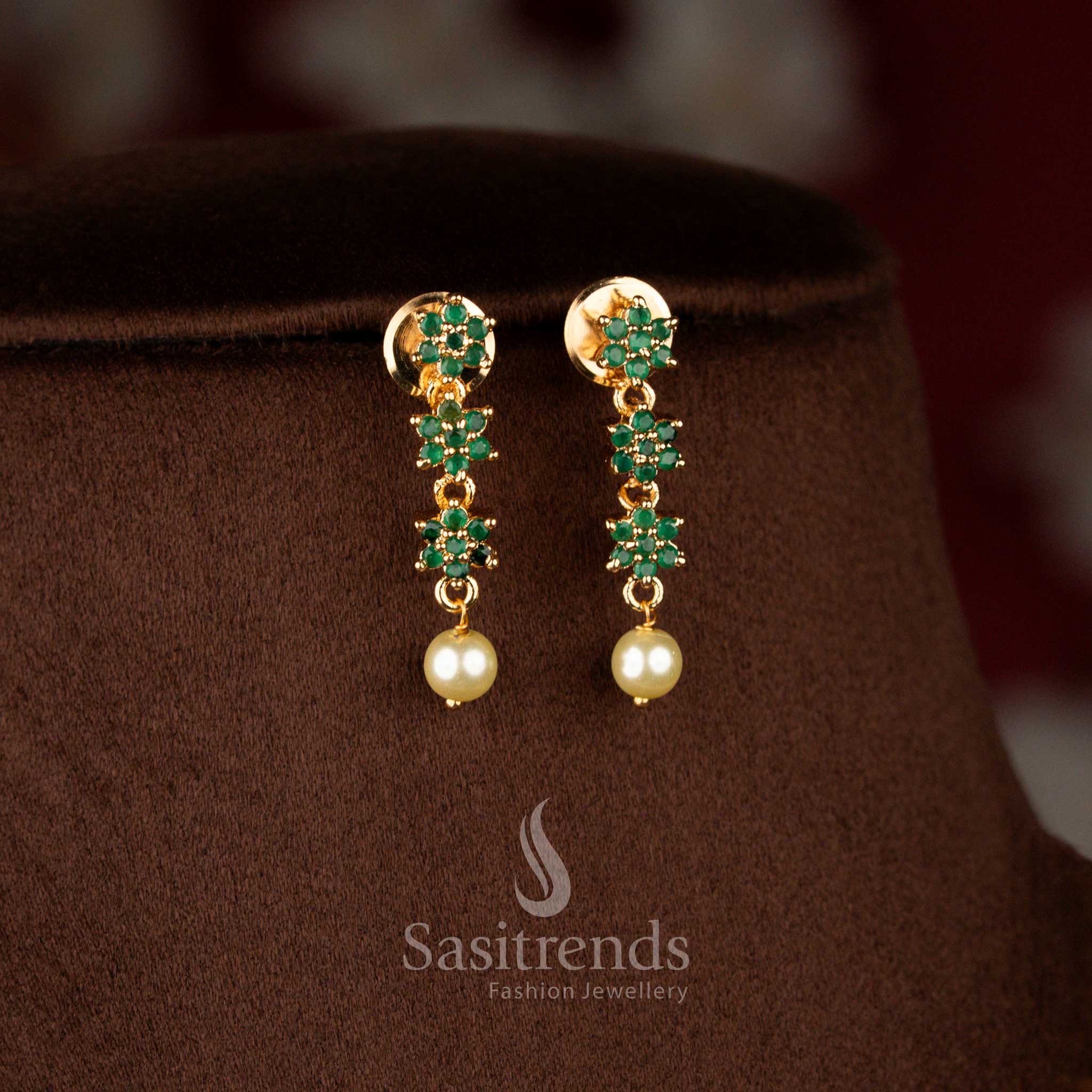 Micro gold plated AD star floral drop earrings in green with pearls, matching necklace elegantly – Sasitrends