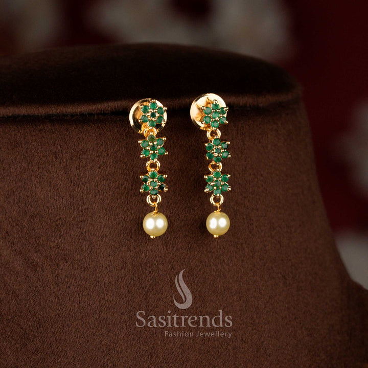 Micro gold plated AD star floral drop earrings in green with pearls, matching necklace elegantly – Sasitrends