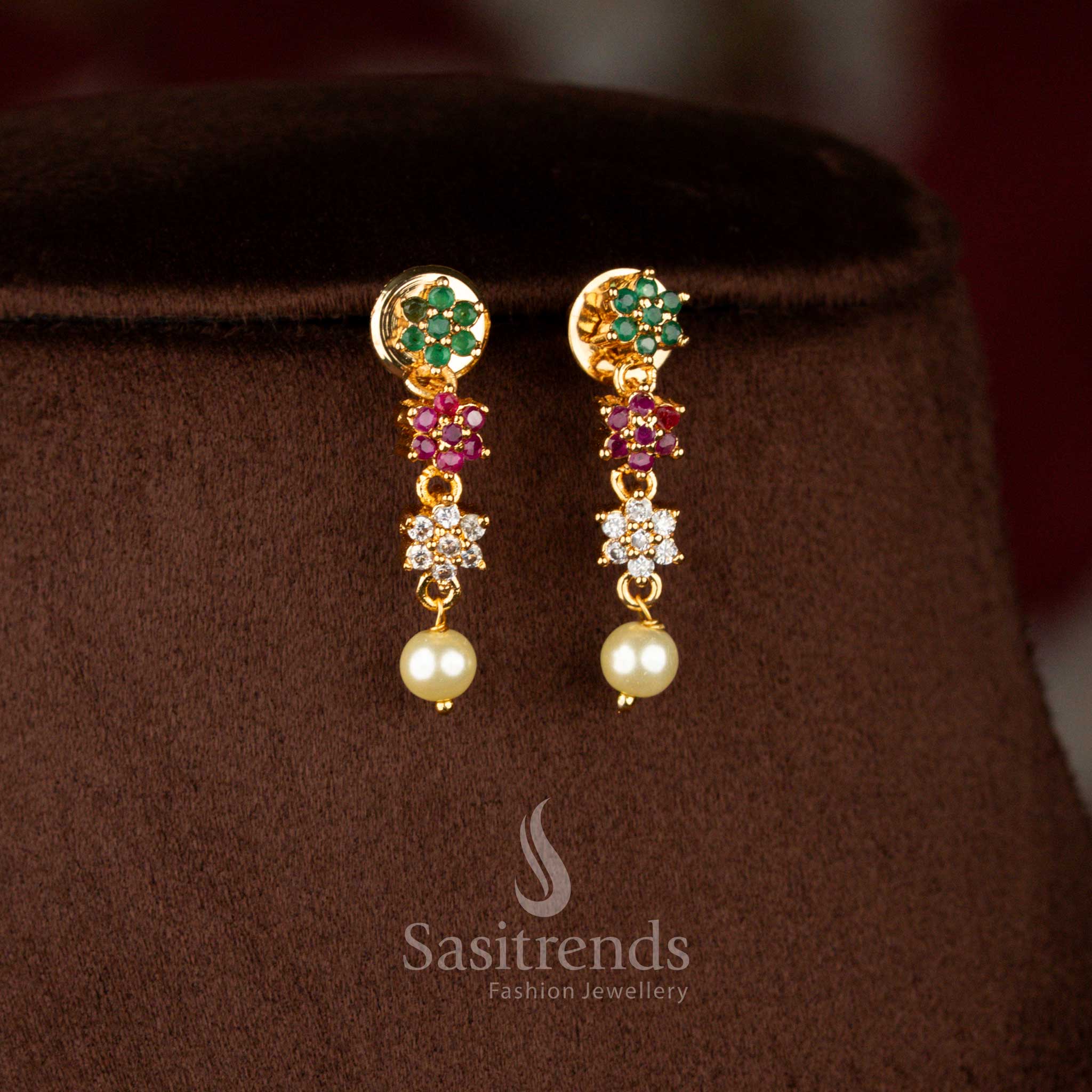 Micro gold plated AD star floral drop earrings in multicolour with pearl drops, coordinating necklace – Sasitrends