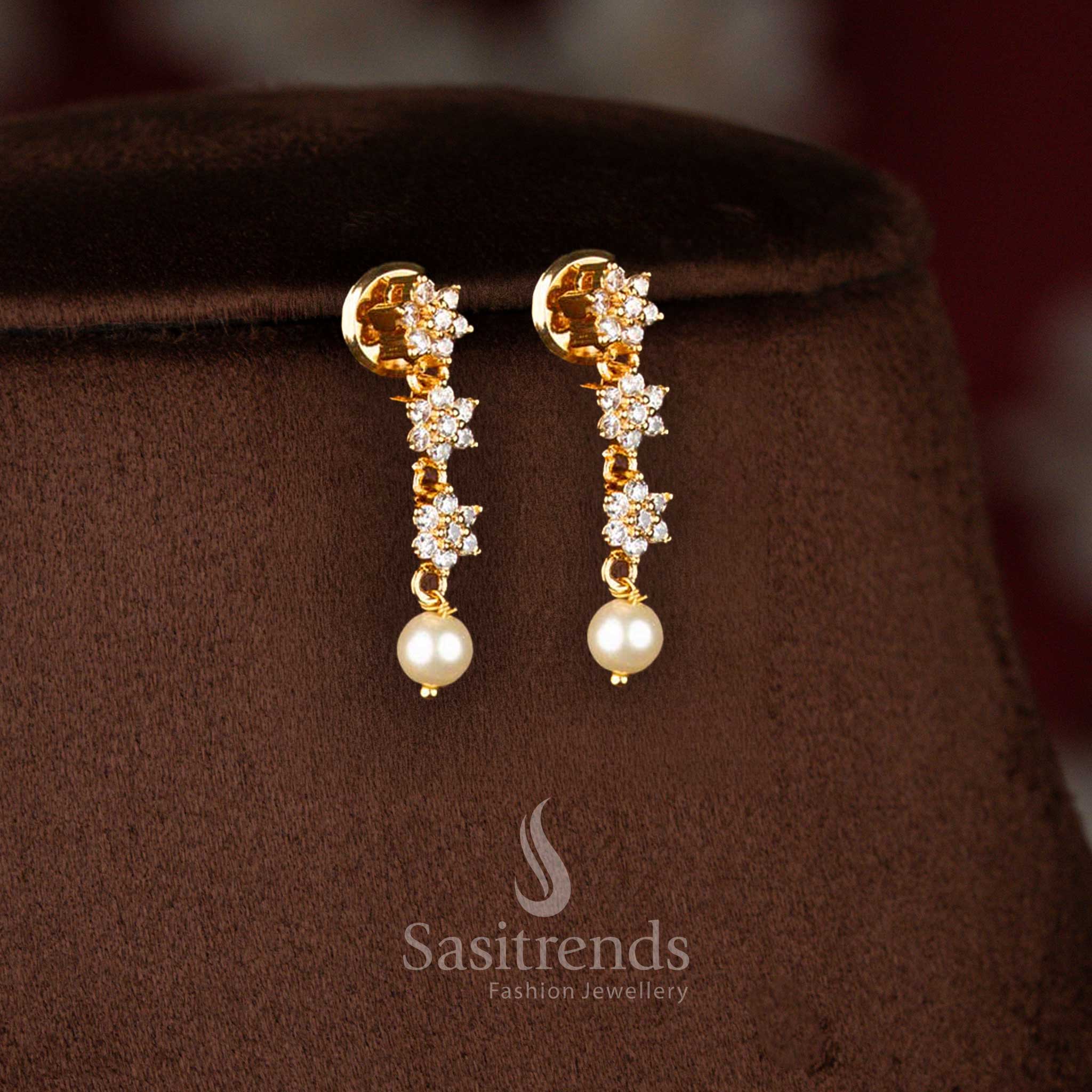 Micro gold plated AD star floral drop earrings in white with pearls, coordinating with necklace – Sasitrends