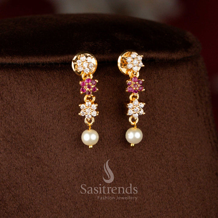 Micro gold plated AD star floral drop earrings in white-ruby shades, matching necklace – Sasitrends