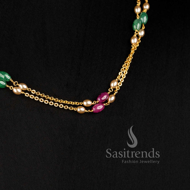 Sasitrends Micro Gold Plated layered necklace featuring parallel fine chains, floral motifs and pearl detailing for festive wear 