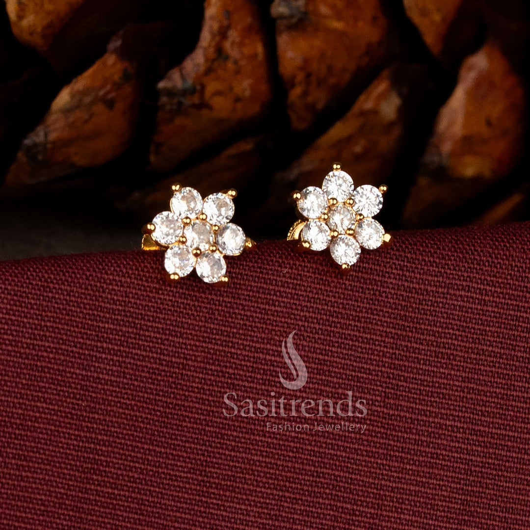 Delicate small earrings in micro gold plated white finish with floral drop, textured leaf clusters, and sparkling AD stones – Sasitrends