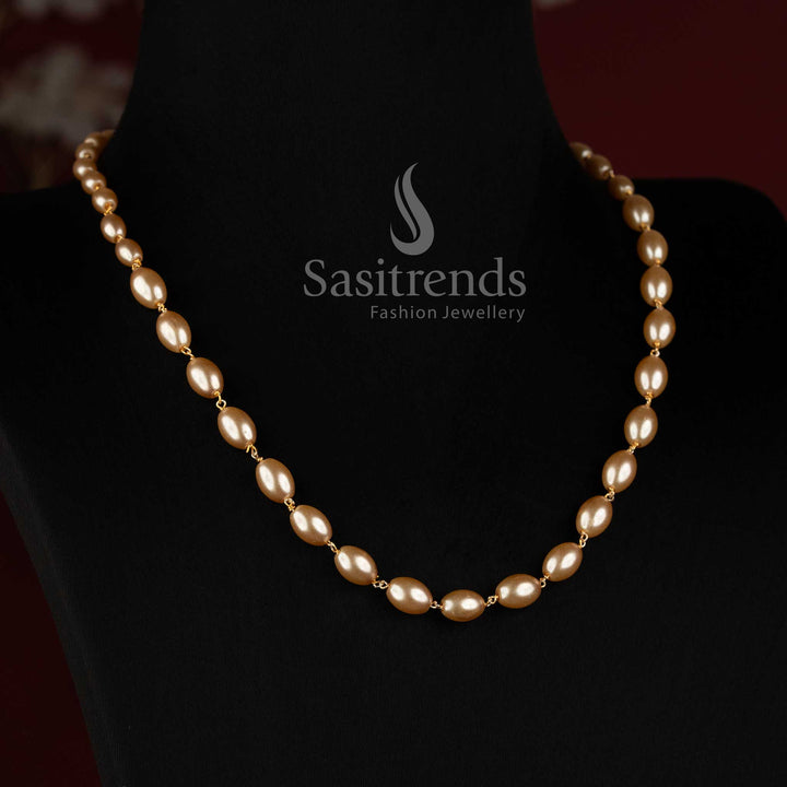 Micro Gold Plated oval pearl link necklace with graduated single-strand design by Sasitrends