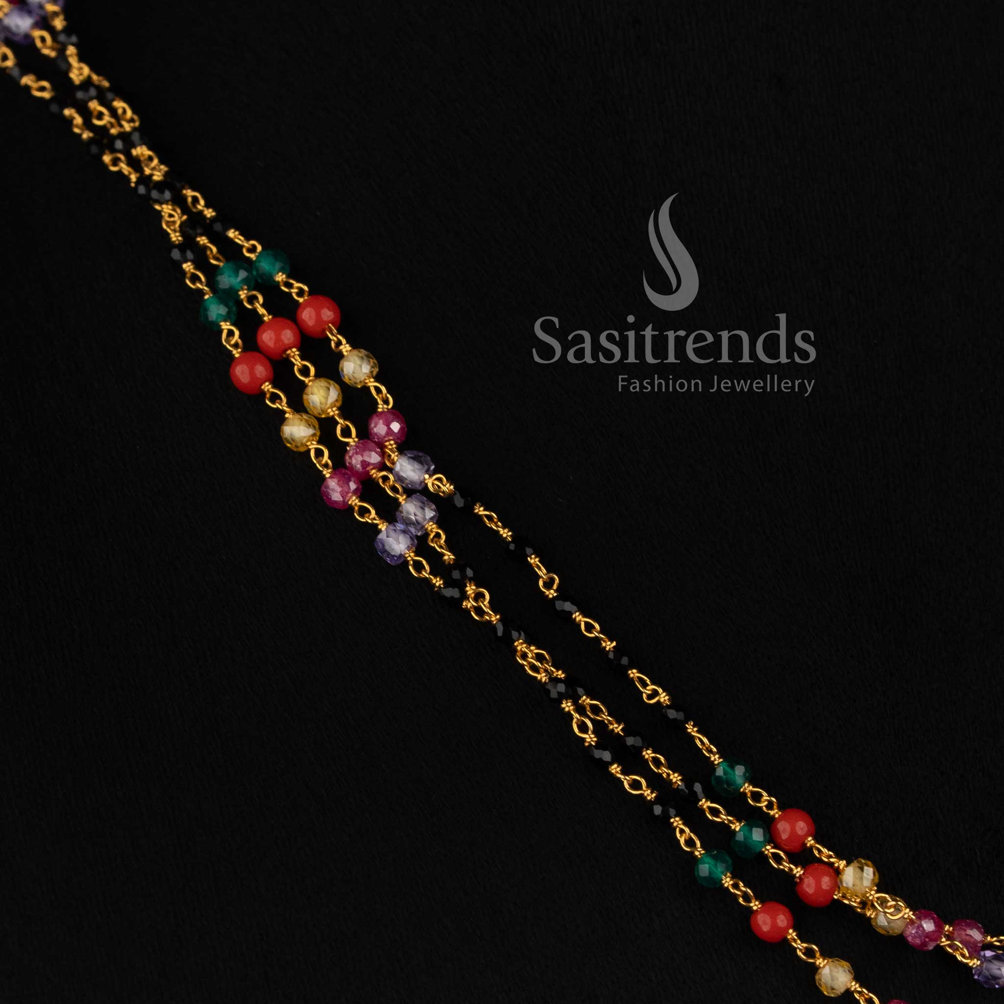 Micro Gold Plated three-strand Indian necklace with colourful bead and cubic zirconia detailing 