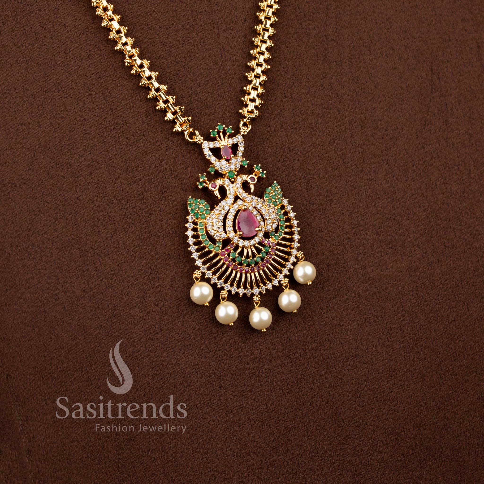 Vibrant micro gold plated 2-side Gajiri chain necklace in multicolour with pear stone peacock pendant and pearl drops – Sasitrends