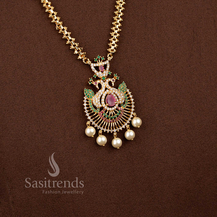 Vibrant micro gold plated 2-side Gajiri chain necklace in multicolour with pear stone peacock pendant and pearl drops – Sasitrends