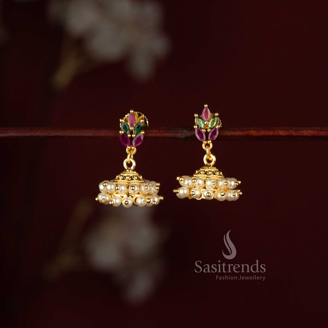 Sasitrends micro gold plated marquise stone floral jhumka earrings with pearl cluster drops 