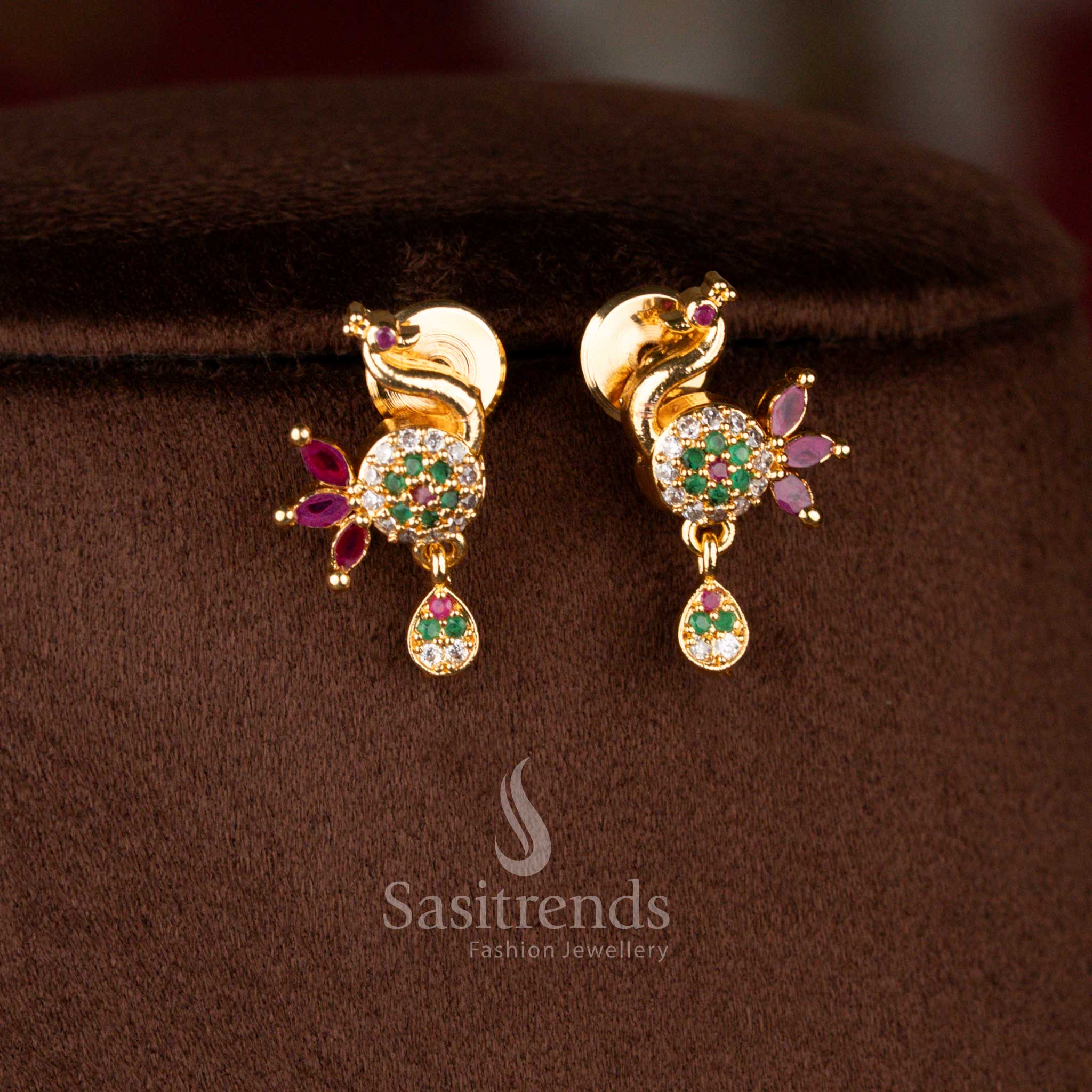 Festive micro gold plated peacock dangle earrings in multicolour featuring pearls and gemstones, matching pendant necklace – Sasitrends