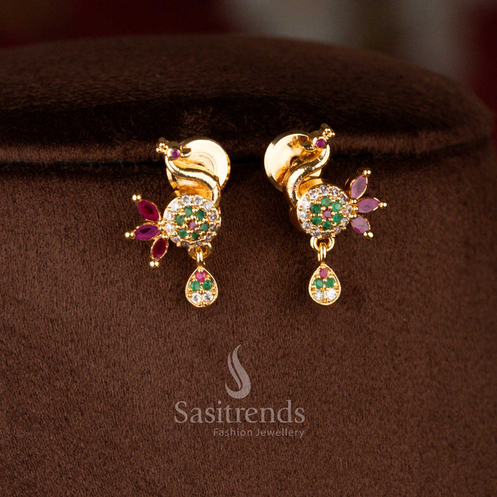Festive micro gold plated peacock dangle earrings in multicolour featuring pearls and gemstones, matching pendant necklace – Sasitrends