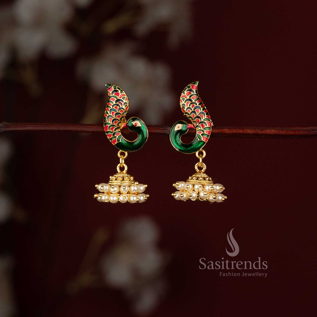 Sasitrends Micro Gold Plated peacock enamel jhumka earrings with green peacock motif and pearl dome 