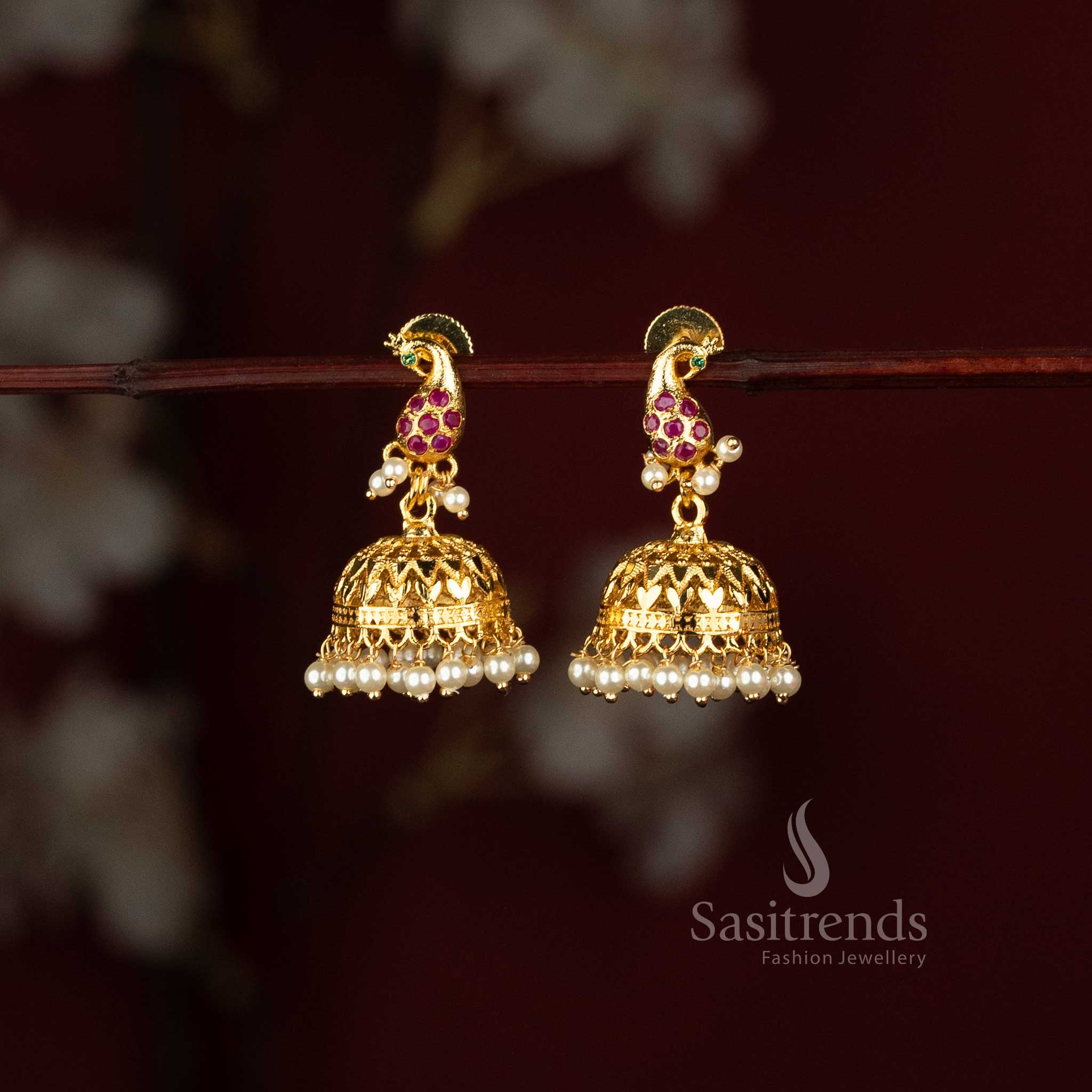 Sasitrends micro gold plated peacock motif jhumka with ornate dome and pearl fringe 