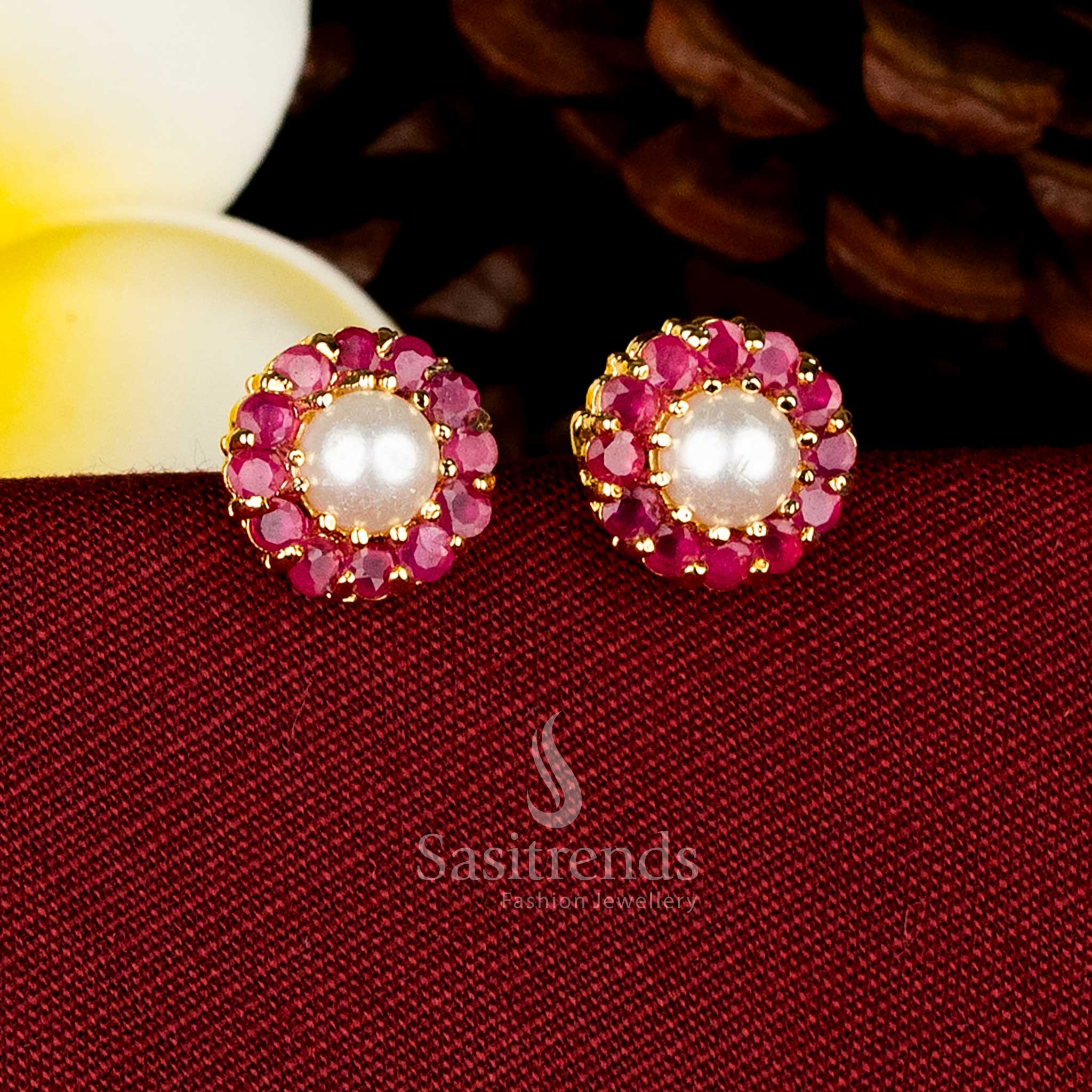 Guaranteed shine pearl floral micro stud earrings for polished ethnic looks Sasitrends