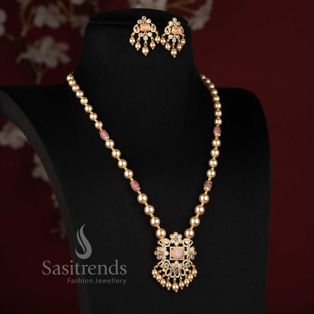 Micro Gold Plated Pearl Strand Square Pendant Party Wear Set