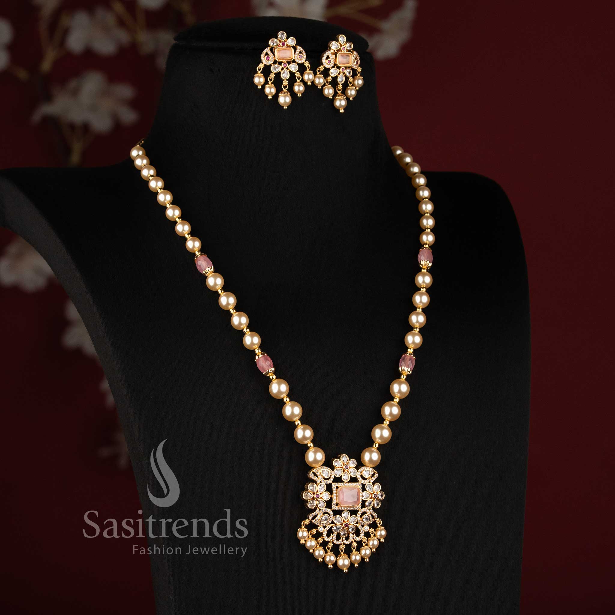 Micro Gold Plated Pearl Strand Square Pendant Party Wear Set