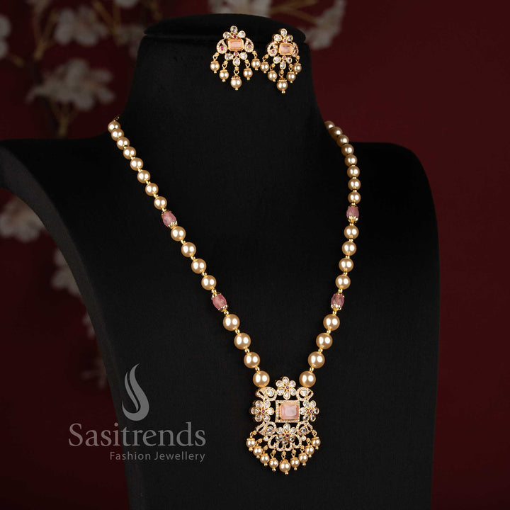 Micro Gold Plated Pearl Strand Square Pendant Party Wear Set