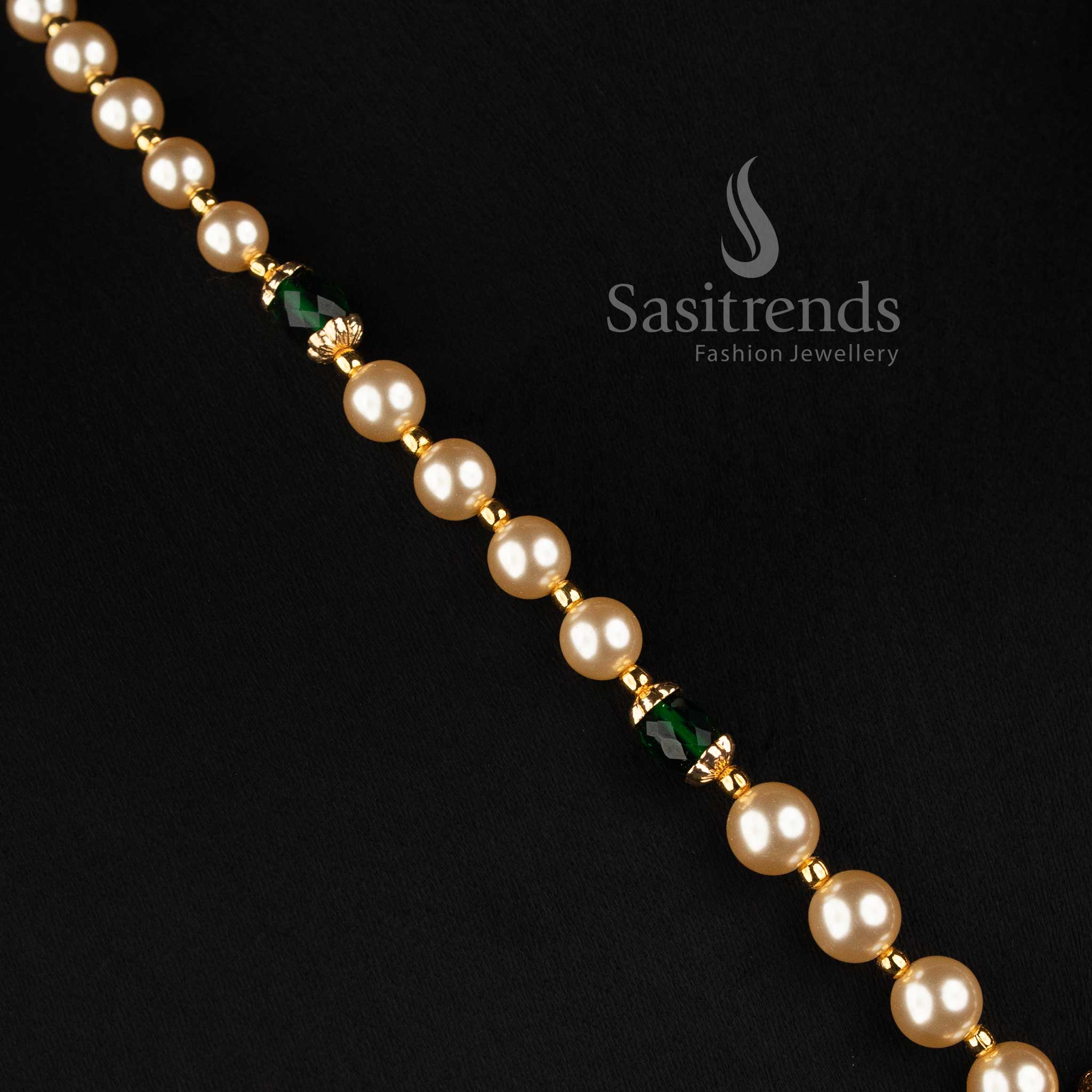 Micro Gold Plated pearl strand jewellery set featuring square pendant structure green stone accents and pearl drop detailing 