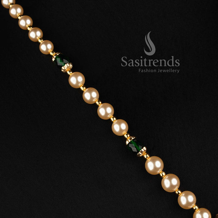 Micro Gold Plated pearl strand jewellery set featuring square pendant structure green stone accents and pearl drop detailing 