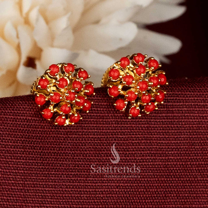 Guaranteed Micro Gold Plated Round Pavalam Floral Stud Earrings for Traditional South Indian Occasions | One Gram Jewellery