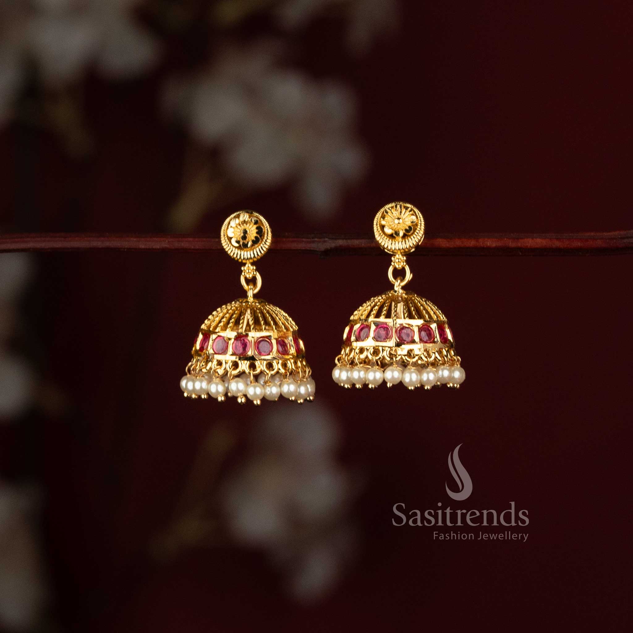 Sasitrends Micro Gold Plated ruby stone dome jhumka earrings with floral studs and pearl fringe 