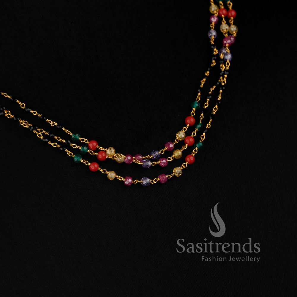 Traditional layered Micro Gold Plated beaded necklace with multicolour accents and cubic zirconia stones 