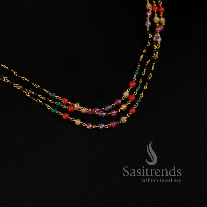 Traditional layered Micro Gold Plated beaded necklace with multicolour accents and cubic zirconia stones 