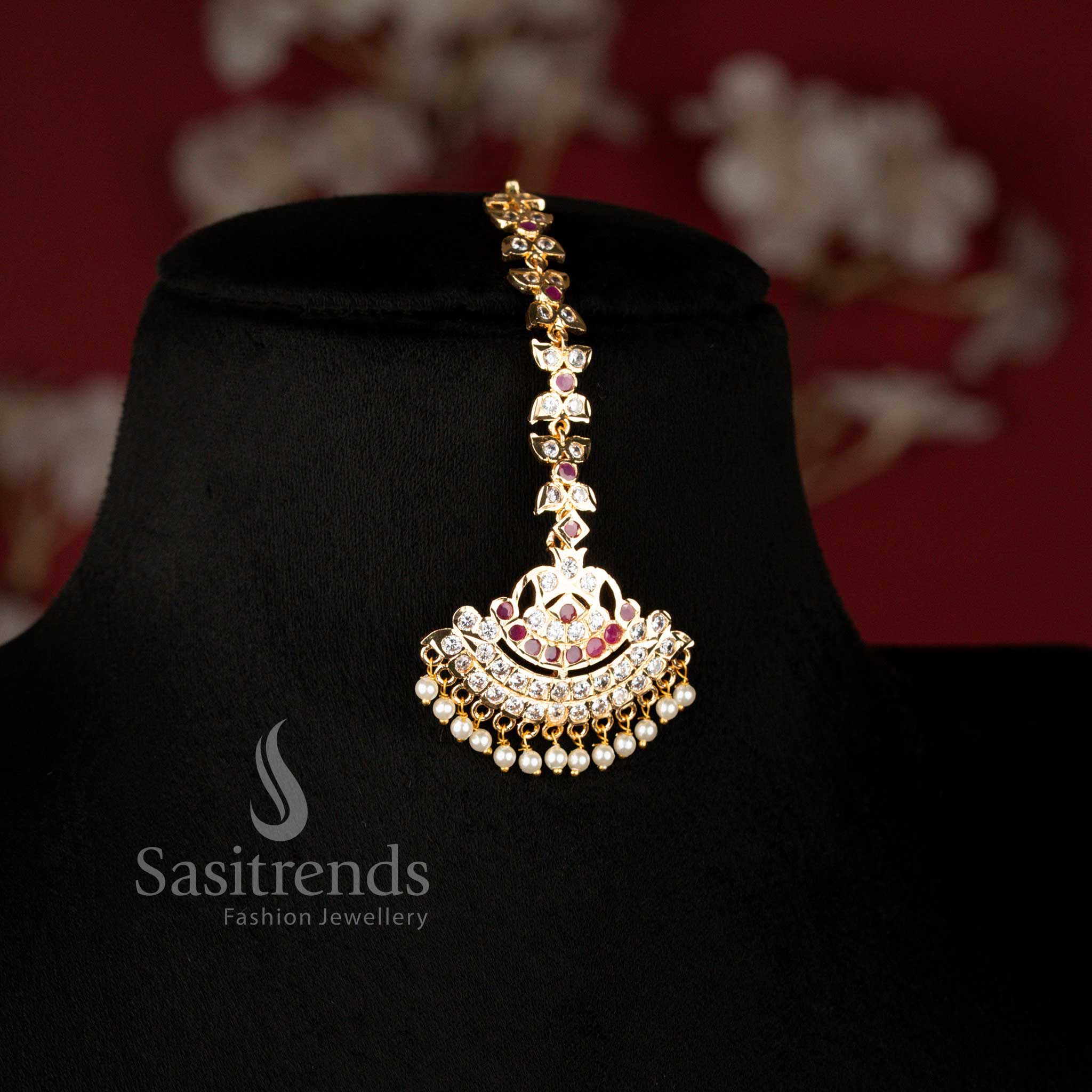 Guaranteed Impon Micro Gold Plated South Indian Bridal Addigai Jewellery Set with Short Necklace, Long Necklace, Earrings and Maang Tikka for Traditional Occasions