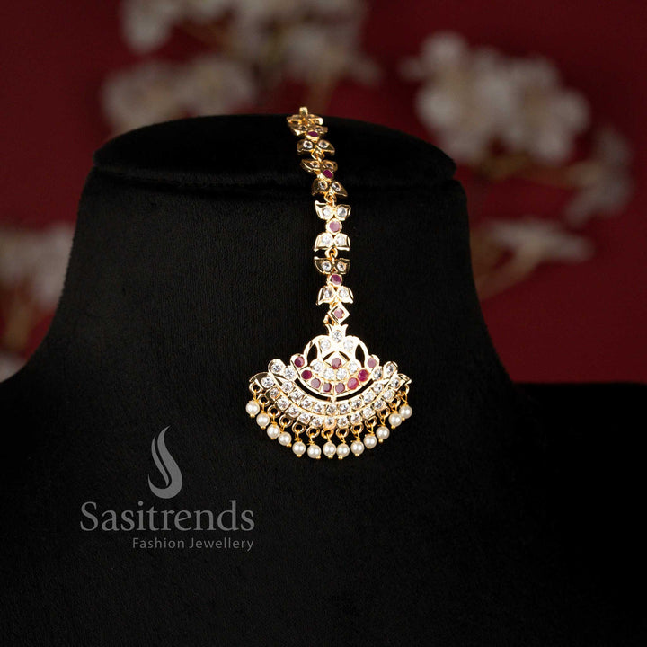 Guaranteed Impon Micro Gold Plated South Indian Bridal Addigai Jewellery Set with Short Necklace, Long Necklace, Earrings and Maang Tikka for Traditional Occasions