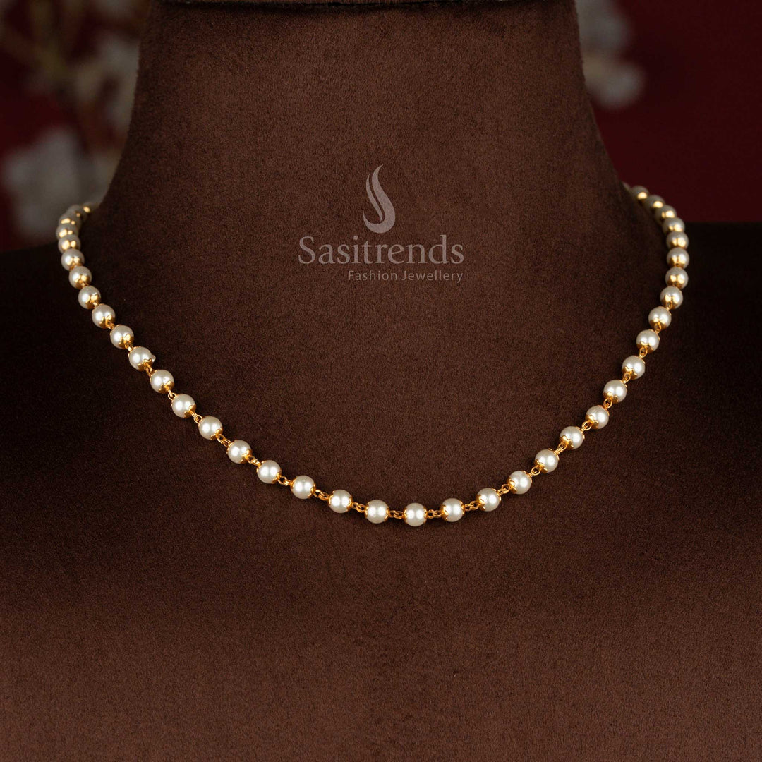 Micro gold plated traditional pearl chain necklace with symmetrical round pearl link structure and real gold look finish - Sasitrends